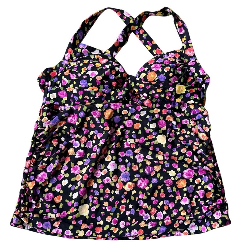 Anne Cole Black Floral Twist Front Tankini Swimsuit Top Sz 18W Ruching Padded - Picture 2 of 9